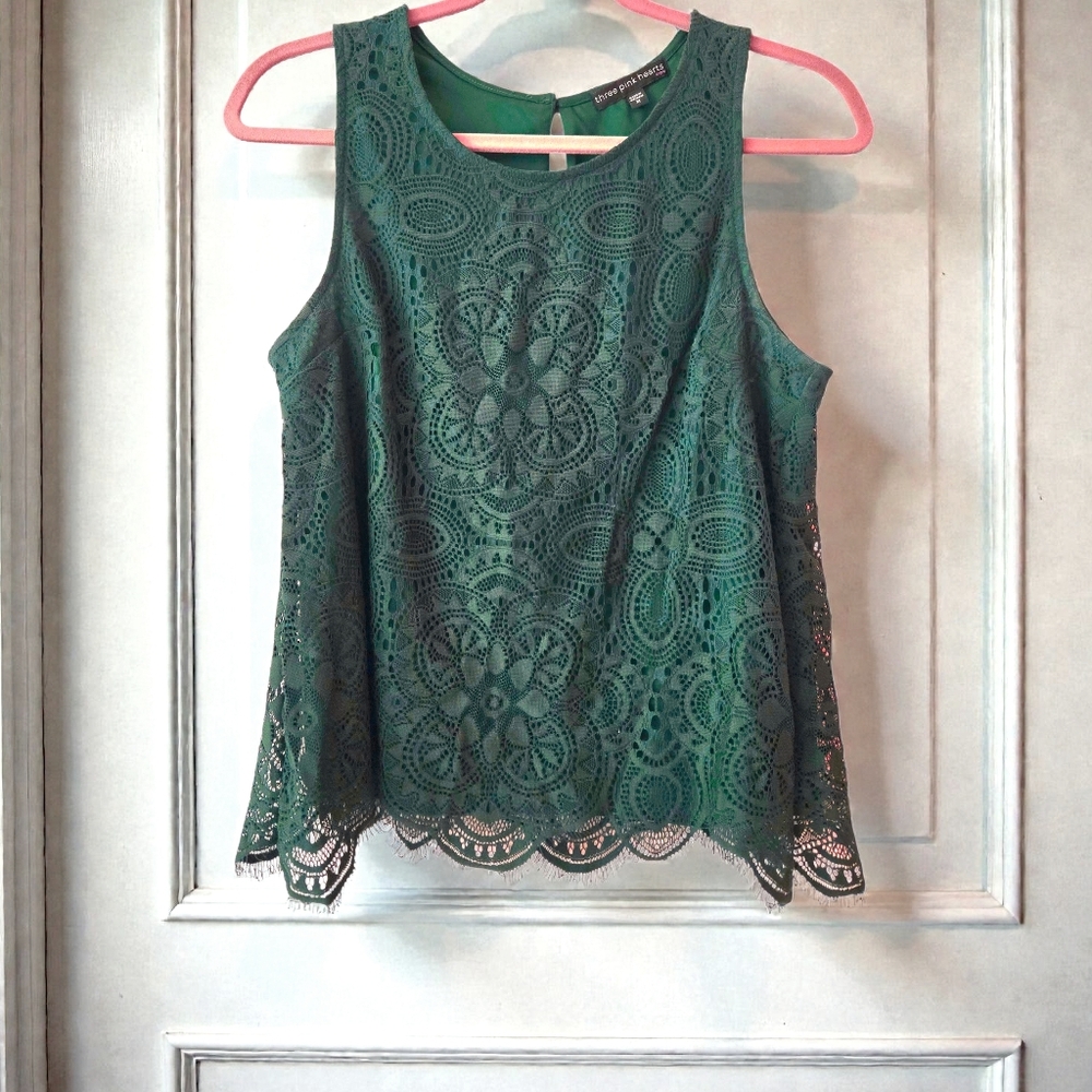 3 Pink Hearts Green Lace Top Sleeveless Whimsygoth Sz Fairy Dark Cottagecore / M